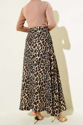 Leopar Desenli Kloş Etek Camel - Uzun Etek