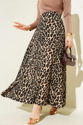 Leopar Desenli Kloş Etek Camel