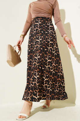 Leopar Desenli Kloş Etek Kahve