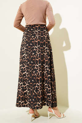 Leopar Desenli Kloş Etek Kahve - Uzun Etek