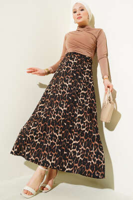 Leopar Desenli Kloş Etek Kahve - Uzun Etek