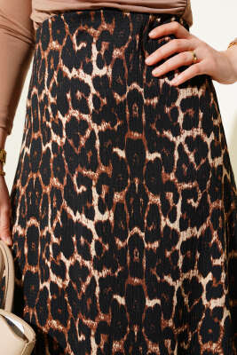 Leopar Desenli Kloş Etek Kahve - Uzun Etek