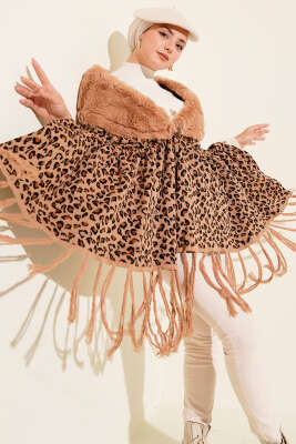 Leopar Desenli Kürklü Omuz Şalı Latte - Omuz Şalı