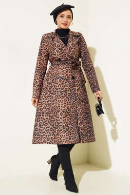 Leopar Desenli Kuşaklı Trençkot Camel - BERAT TEKSTİL