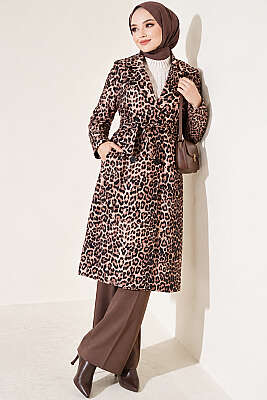 Leopar Desenli Kuşaklı Trençkot Camel 