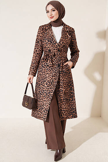 Leopar Desenli Kuşaklı Trençkot Latte - 700-1000 TL Ürünler