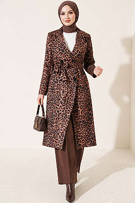 Leopar Desenli Kuşaklı Trençkot Latte - 700-1000 TL Ürünler