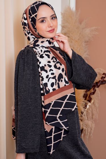Leopar Desenli Pudra Medine İpeği Şal - Black&White