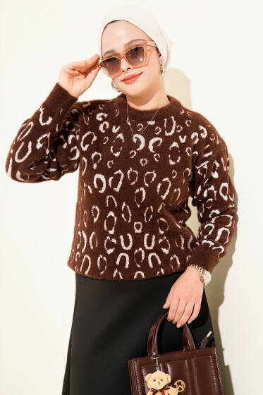 Leopar Desenli Sakallı Kazak Kahve Ekru - Triko Kazak