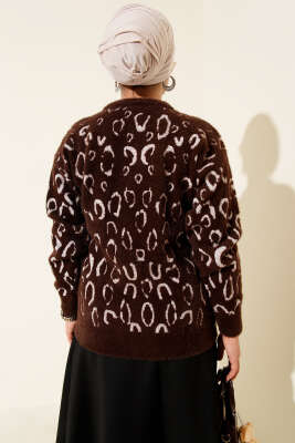 Leopar Desenli Sakallı Kazak Kahve Ekru - Triko Kazak