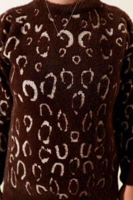 Leopar Desenli Sakallı Kazak Kahve Ekru - Triko Kazak