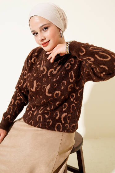 Leopar Desenli Sakallı Kazak Kahve Latte - Triko Kazak