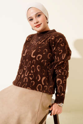 Leopar Desenli Sakallı Kazak Kahve Latte - Triko Kazak