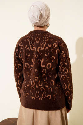 Leopar Desenli Sakallı Kazak Kahve Latte - Triko Kazak