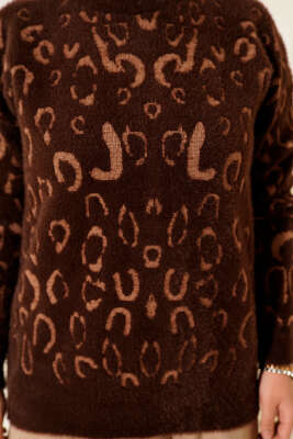 Leopar Desenli Sakallı Kazak Kahve Latte - Triko Kazak