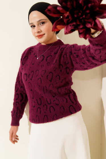 Leopar Desenli Sakallı Kazak Magenta - Triko Kazak