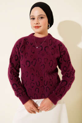 Leopar Desenli Sakallı Kazak Magenta - Triko Kazak