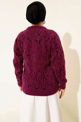 Leopar Desenli Sakallı Kazak Magenta - Triko Kazak