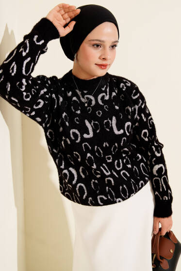 Leopar Desenli Sakallı Kazak Sinfonia Siyah - Triko Kazak