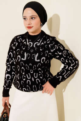 Leopar Desenli Sakallı Kazak Sinfonia Siyah - Triko Kazak