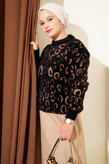 Leopar Desenli Sakallı Kazak Siyah Camel - Triko Kazak