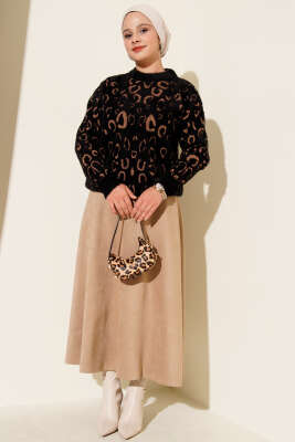 Leopar Desenli Sakallı Kazak Siyah Camel - Triko Kazak