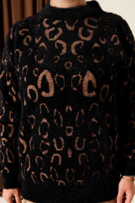 Leopar Desenli Sakallı Kazak Siyah Camel - Triko Kazak