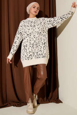 Leopar Desenli Sakallı Tunik Ekru - Tunik