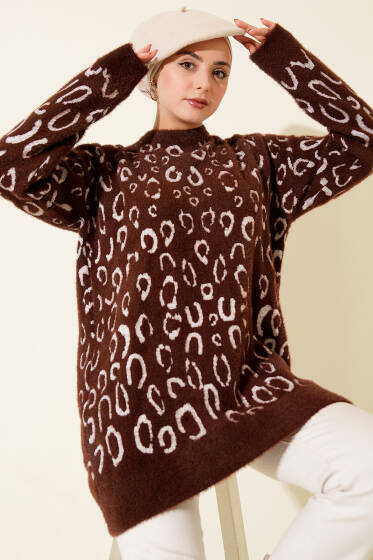 Leopar Desenli Sakallı Tunik Kahve Ekru - Tunik