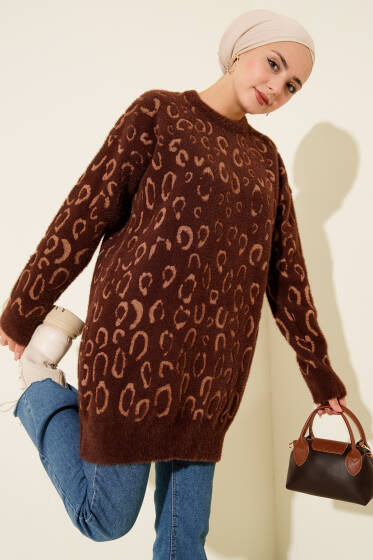 Leopar Desenli Sakallı Tunik Kahve Latte - Tunik