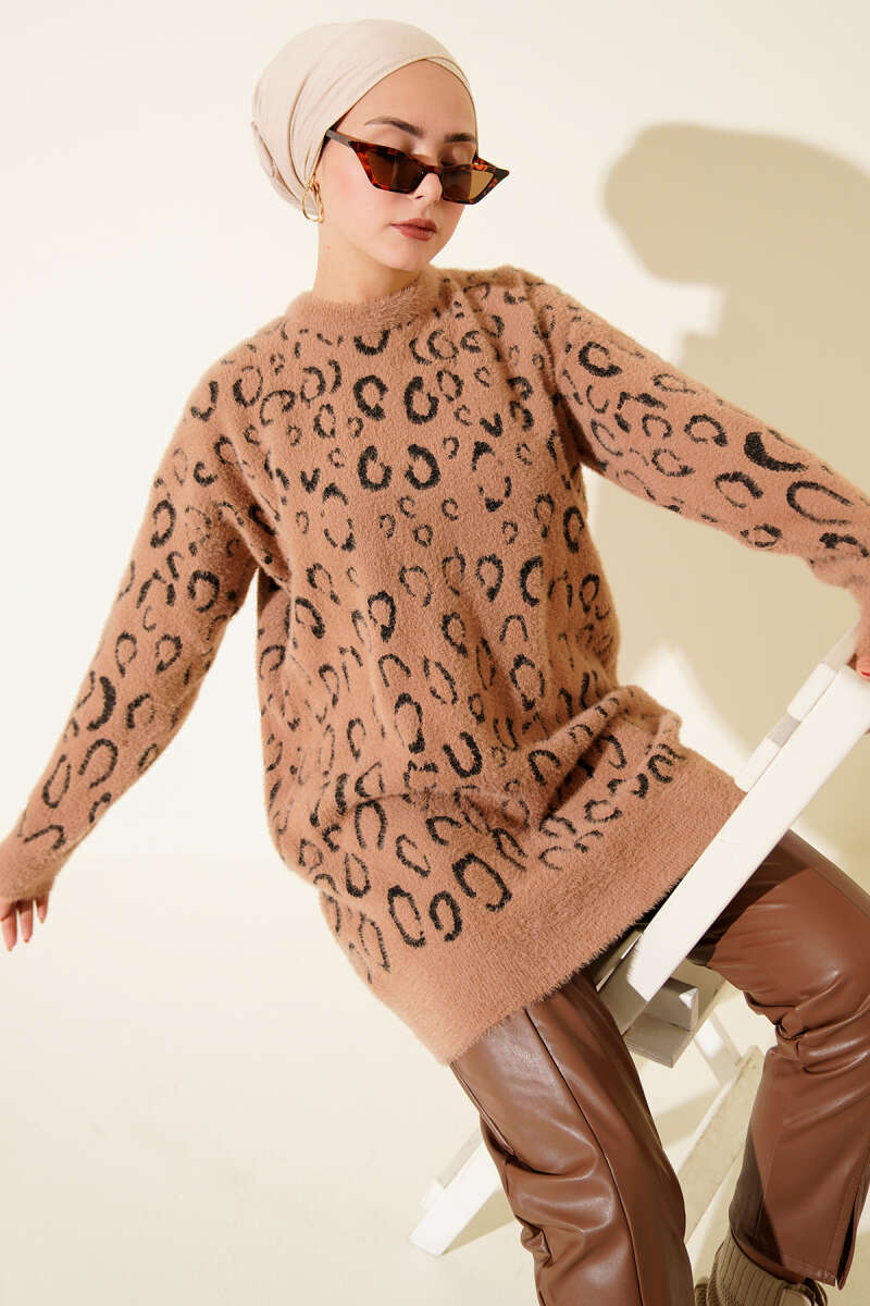 Leopar Desenli Sakallı Tunik Latte