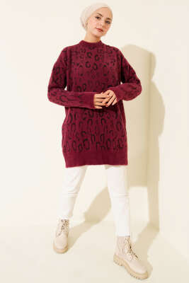 Leopar Desenli Sakallı Tunik Magenta - Tunik