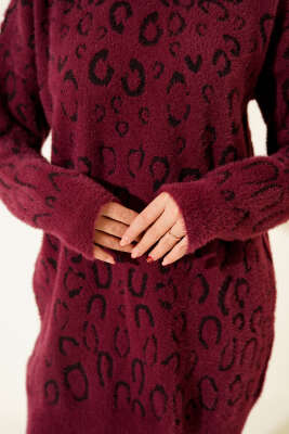 Leopar Desenli Sakallı Tunik Magenta - Tunik
