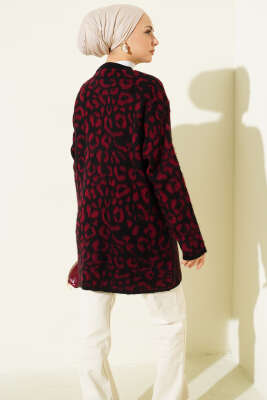 Leopar Desenli Şardonlu Triko Hırka Bordo - Hırka