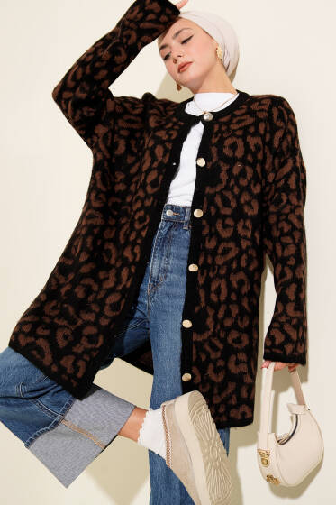 Leopar Desenli Şardonlu Triko Hırka Kahve - Hırka