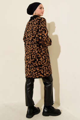 Leopar Desenli Şardonlu Triko Hırka Latte - Yılın Fırsatı