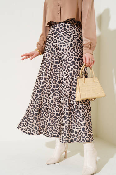 Leopar Desenli Saten Etek Bej - Etek