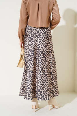 Leopar Desenli Saten Etek Bej - Uzun Etek
