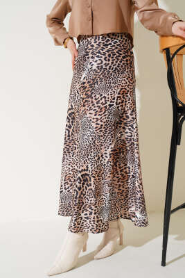 Leopar Desenli Saten Etek Camel - Uzun Etek