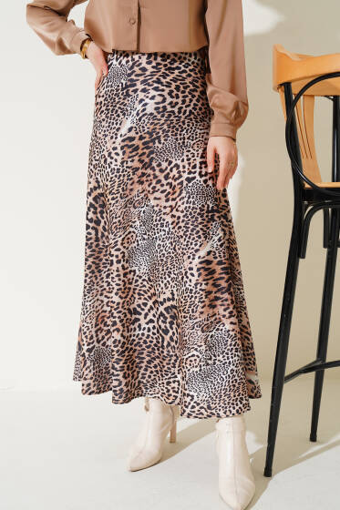 Leopar Desenli Saten Etek Camel - Uzun Etek