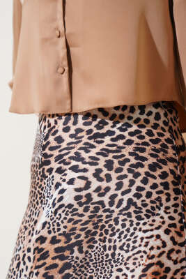 Leopar Desenli Saten Etek Camel - Uzun Etek
