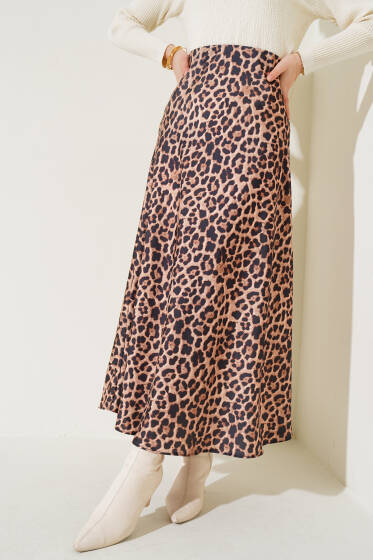 Leopar Desenli Saten Etek Latte - Etek