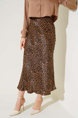 Leopar Desenli Saten Etek Taba - Uzun Etek