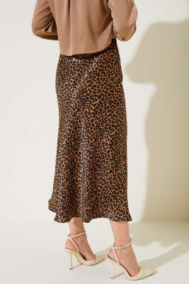 Leopar Desenli Saten Etek Taba - Uzun Etek