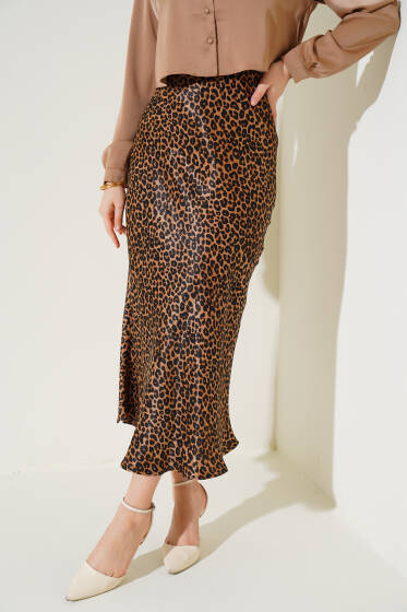 Leopar Desenli Saten Etek Taba - Uzun Etek