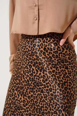 Leopar Desenli Saten Etek Taba - Uzun Etek