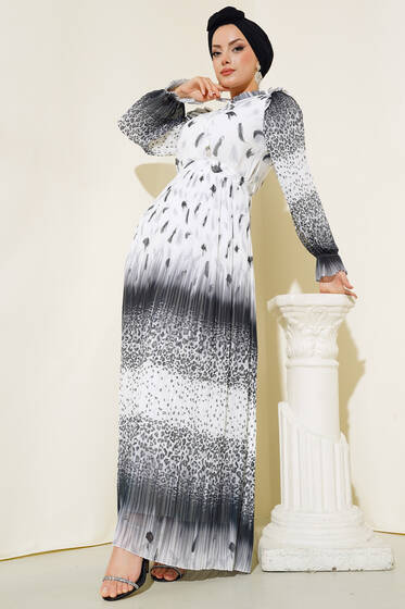 Leopar Desenli Şifon Elbise Ekru - Tesettür Elbise