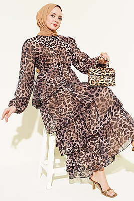 Leopar Desenli Şifon Kat Kat Elbise Bej - HATUN
