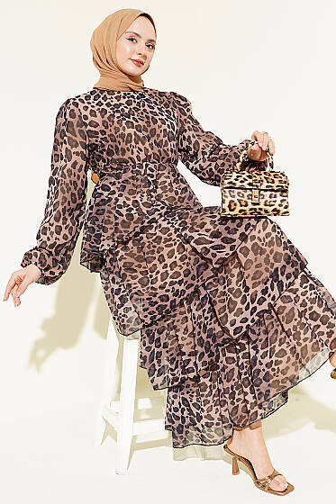 Leopar Desenli Şifon Kat Kat Elbise Bej - Elbise
