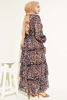 Leopar Desenli Şifon Kat Kat Elbise Bej - Elbise